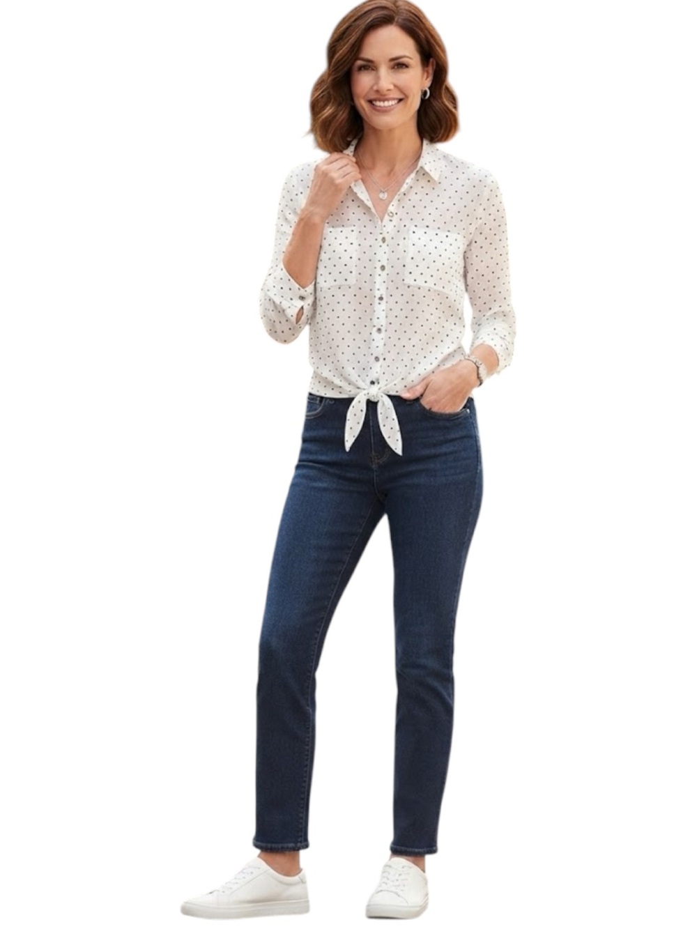 REITMANS Ivory Black Polka Dot Tie Front Blouse 3/4 Sleeve Size XS Preppy Twee